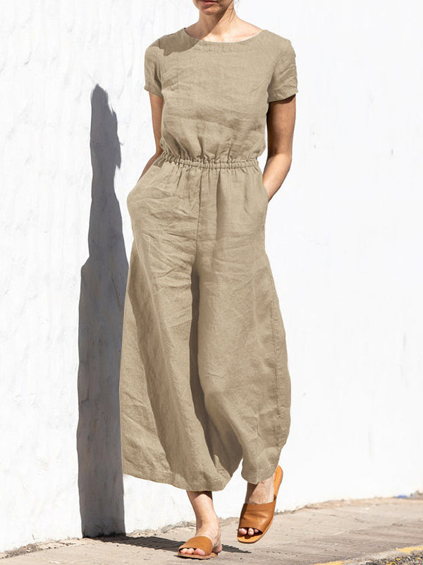 Women Casual Linen Cotton Wide Leg Jumpsuit