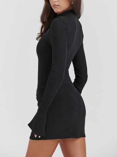 High Neckline Long Sleeve Pocket Mini Dress